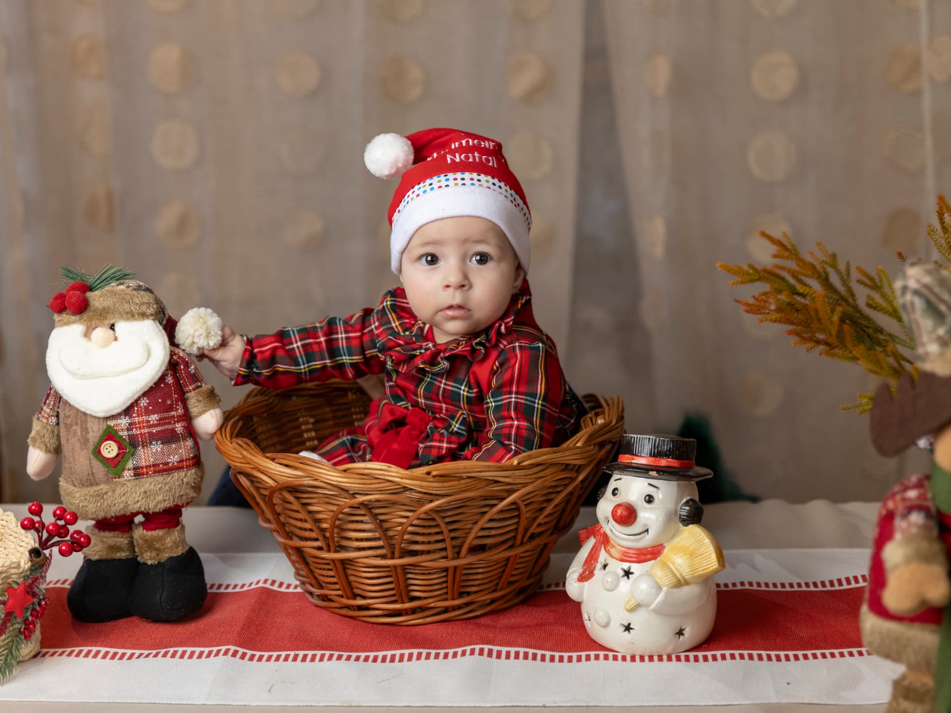 Bebé com gorro de Natal sentado num cesto